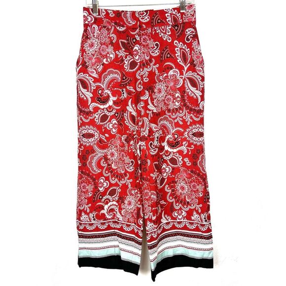 Ann Taylor The Linen Red Paisley Wide Leg High Rise Pants Pockets size 2 - Picture 1 of 7